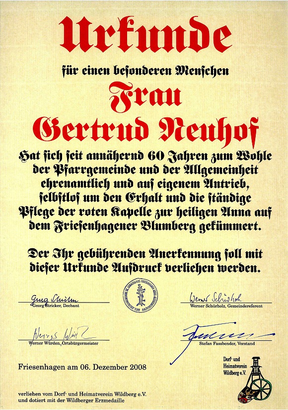 Urkunde Gertrud Neuhof 2008